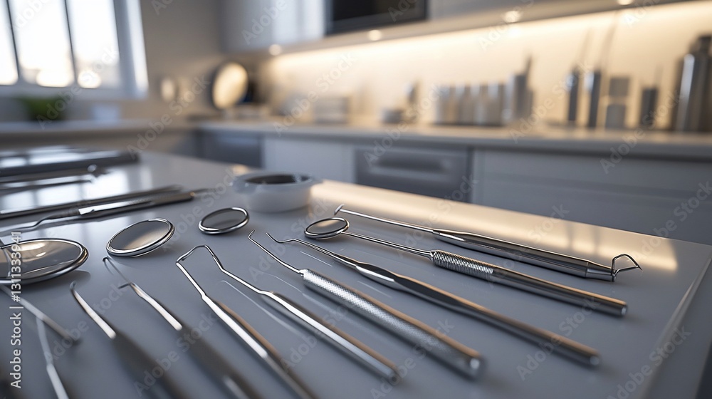 Modern dental clinic tools on counter, hygiene background Modern dental clinic tools on counter, hygiene background