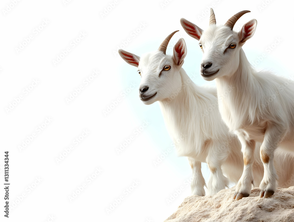 Two adorable white goats posing together against a bright background, showcasing their playful demeanor and curious expressions. Two adorable white goats posing together against a bright background, showcasing their playful demeanor and curious expressions.