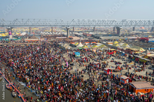 Canvastavla Prayagraj,India-28 pJanuary 2025 Top angle view of the crowd bathing at Sangam o