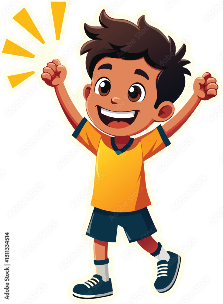 Happy, dark-skinned boy with his arms raised in a gesture of joy and success Happy, dark-skinned boy with his arms raised in a gesture of joy and success