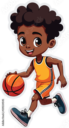 Future Basketball Star: A dynamic cartoon illustration captures a young African-American boy dribbling a basketball