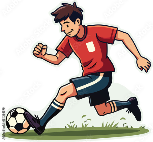 Soccer player skillfully kicking the ball on a lush field