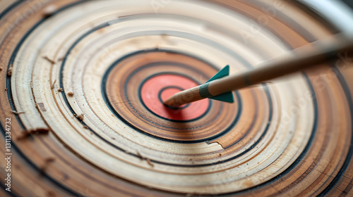 Close-up of an arrow hitting the bullseye on a wooden target, symbolizing precision, achievement, and success in archery sports.
