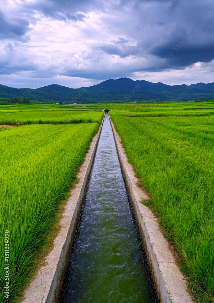 A tranquil landscape showcasing lush green rice fields divided by a serene irrigation canal, set against a backdrop of majestic mountains under dramatic clouds, creating a peaceful rural scene. A tranquil landscape showcasing lush green rice fields divided by a serene irrigation canal, set against a backdrop of majestic mountains under dramatic clouds, creating a peaceful rural scene.