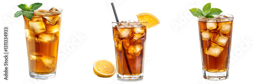  ice  tea in a glass serving, transparent background, side view