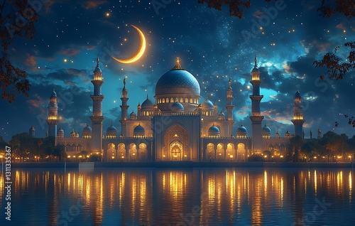Majestic Mosque Night Scene Peaceful Crescent Moon Starry Sky Illuminated Architecture Art Dark Blue