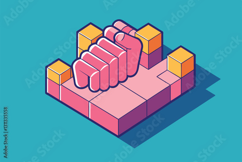 A 3D isometric illustration showcases two hands making a pinky promise amidst vibrant geometric shapes, Pinky promise Customizable Isometric Illustration