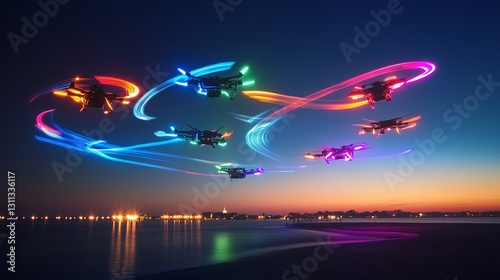 A vibrant arrangement of drone light shows creating dynamic shapes in the sky. picture