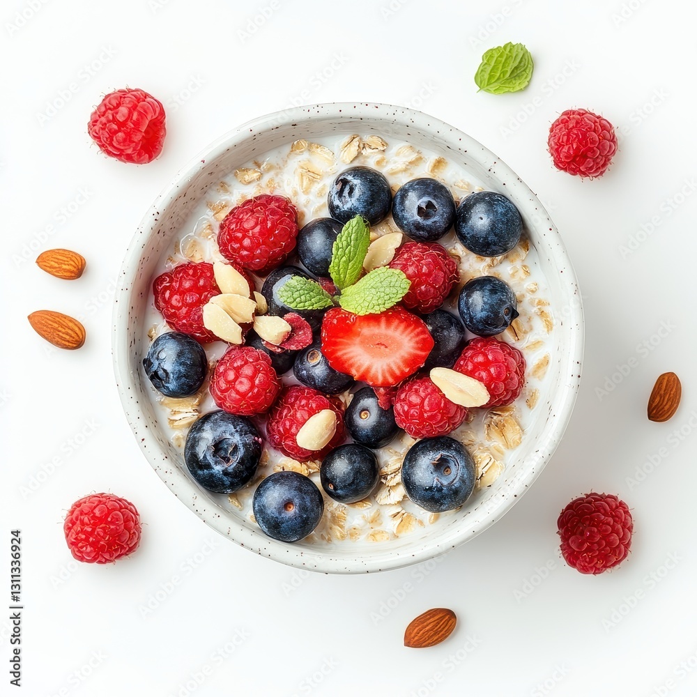 Obraz premium Mornings made brighter with overnight oatmeal, fresh berries, and crunchy nuts for a vibrant breakfast experience. Generative AI