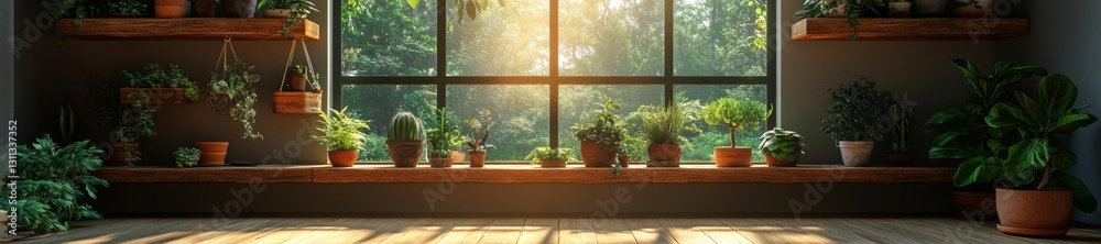 Sunlit Indoor Plant Shelf by Window with Greenery and Natural Light. Generative AI Sunlit Indoor Plant Shelf by Window with Greenery and Natural Light. Generative AI