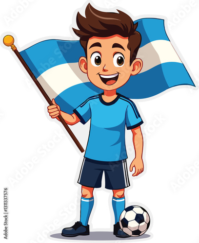 Argentine Soccer Fan Young soccer fan from Argentina, proudly waving the nation's flag alongside a soccer ball.