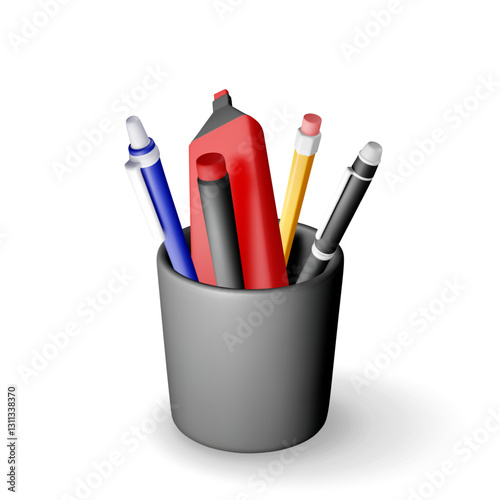 3D pens, pencil in holder isolated on white. Render ballpoint pen, marker, pencil with rubber eraser and cup. Case for felt pen icon. Office supply and stationery set. Vector illustration