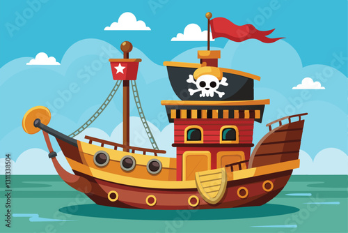 A vibrant pirate boat, complete with sails, flags, and a playful design, glides through clear waters, Pirate boat Customizable Cartoon Illustration