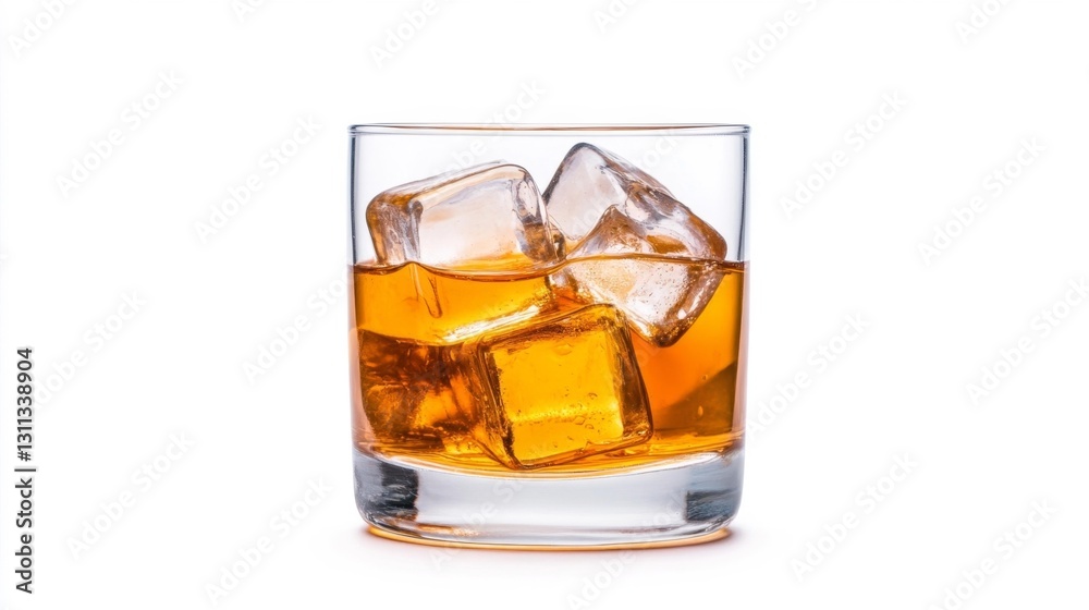 Clear glass of whiskey with ice cubes on isolated white background. Generative AI Clear glass of whiskey with ice cubes on isolated white background. Generative AI