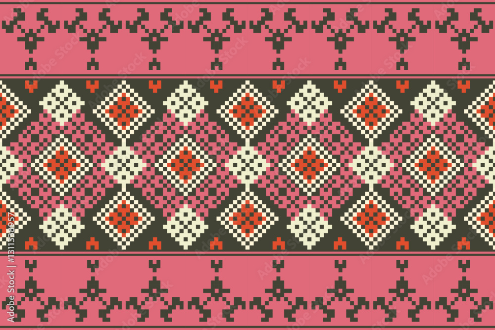 Traditional pixel art embroidery, ethnic geometric patterns Traditional pixel art embroidery, ethnic geometric patterns