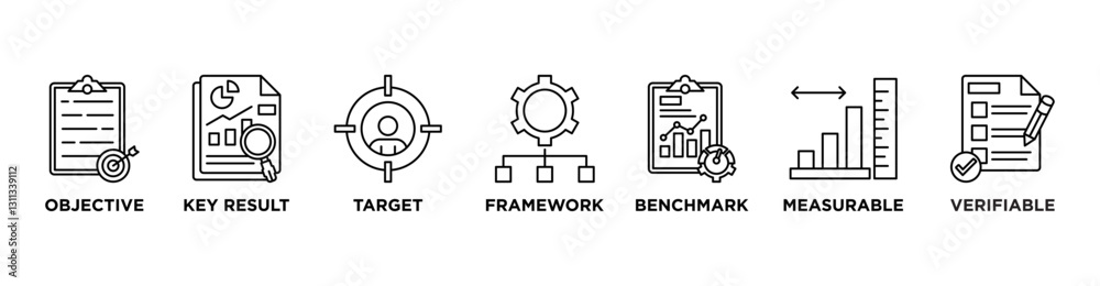 OKR banner web icon vector illustration concept for objectives and key results with icon of objective, key results, target, framework, benchmark, measurable, and verifiable OKR banner web icon vector illustration concept for objectives and key results with icon of objective, key results, target, framework, benchmark, measurable, and verifiable