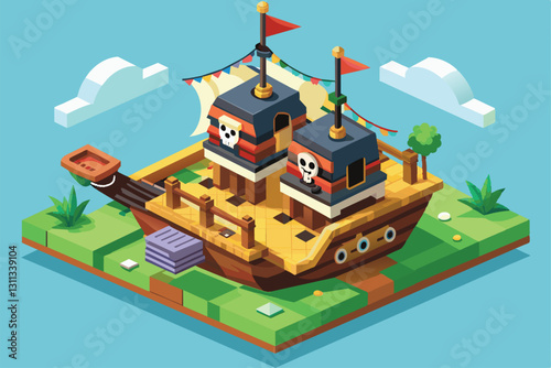A colorful pirate boat sits on land surrounded by trees, complete with flags and intricate design details, Pirate boat Customizable Isometric Illustration