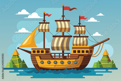 A vibrant pirate boat navigates calm waters, surrounded by mountainous islands and playful clouds, Pirate boat Customizable Semi Flat Illustration