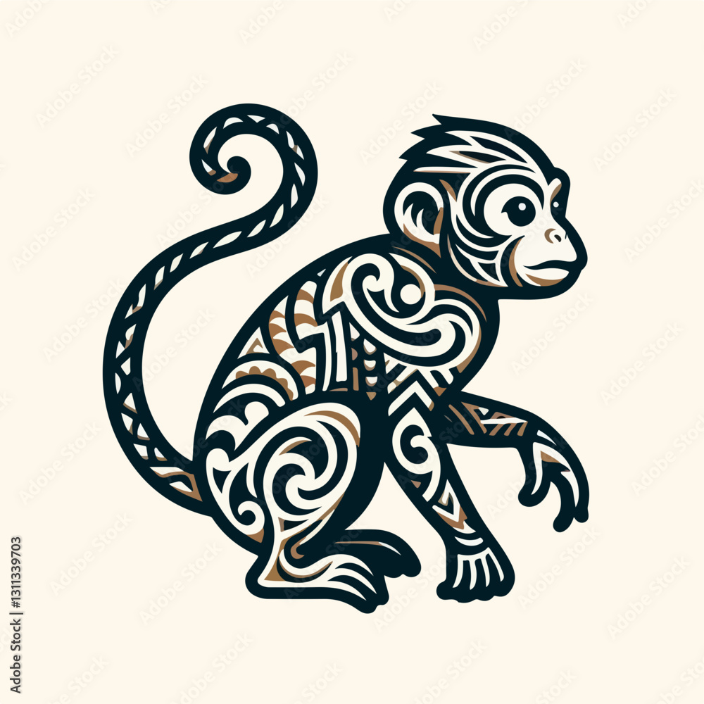 Monkey with Patterns: An illustrated monkey features a stylized, ornamental design. The monkey poses with its tail, suggesting a rich visual tapestry Monkey with Patterns: An illustrated monkey features a stylized, ornamental design. The monkey poses with its tail, suggesting a rich visual tapestry