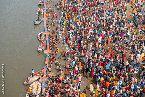 Prayagraj,India-28 pJanuary 2025 Top angle view of the crowd gathered at Sangam and bathing on the banks of Ganga at the Kumbh Mela in Prayagraj or Allahabad Uttar Pradesh India