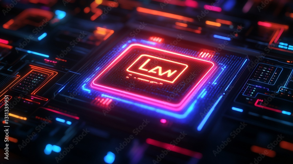 Obraz premium Neon Law Chip, Circuit Board, Digital Justice, Cyber Security