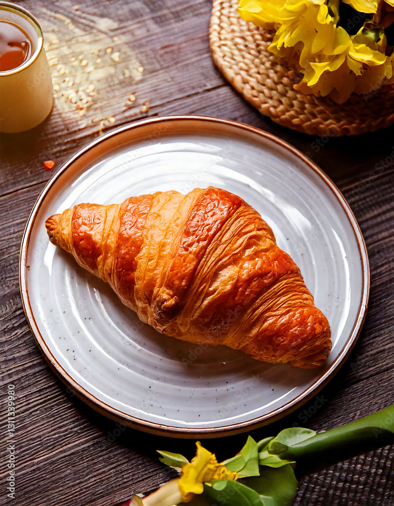 Croissant on plate top view fresh pastry social media style