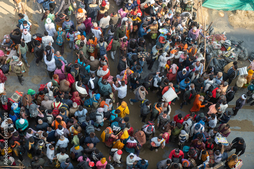Prayagraj,India-28 pJanuary 2025 Top angle view of the huge crowd gathered at Sangam at the Kumbh Mela in Prayagraj or Allahabad Uttar Pradesh India photo