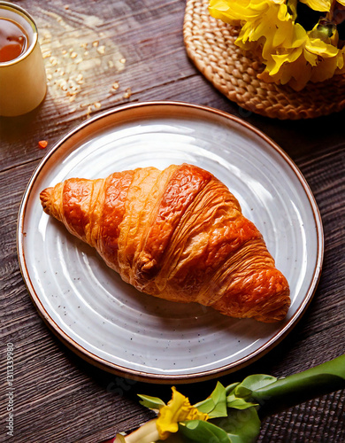 Obraz na płótnie Croissant on plate top view fresh pastry social media style w salonie
