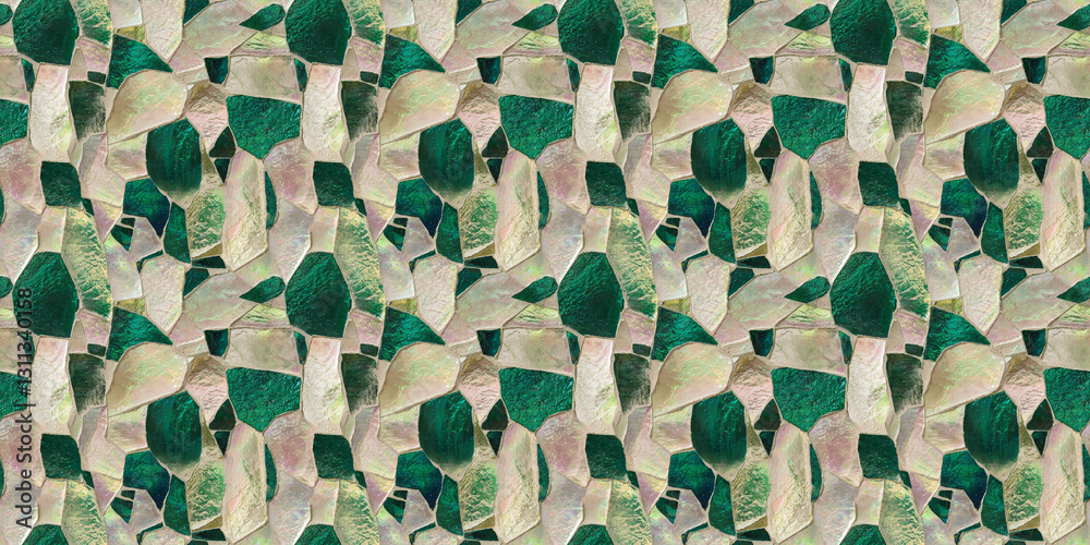 Fototapeta premium iridescent vivid green and soft iridescent pearl random pattern mosaic tiles