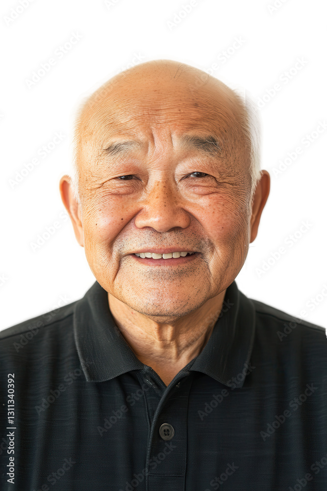 Obraz premium Smiling senior man portrait on white background, elderly man expressing happiness, cheerful older adult, healthy lifestyle, aging gracefully, positive emotions.