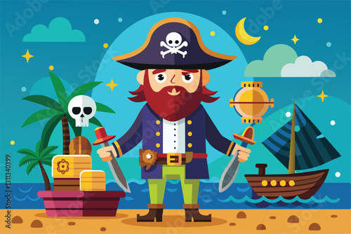 A pirate stands confidently on the shore, holding swords while surrounded by treasure, palm trees, and a ship, Pirates Customizable Flat Illustration