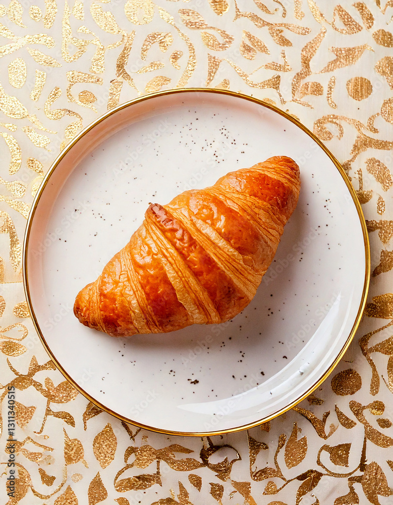 Croissant on plate top view fresh pastry social media style