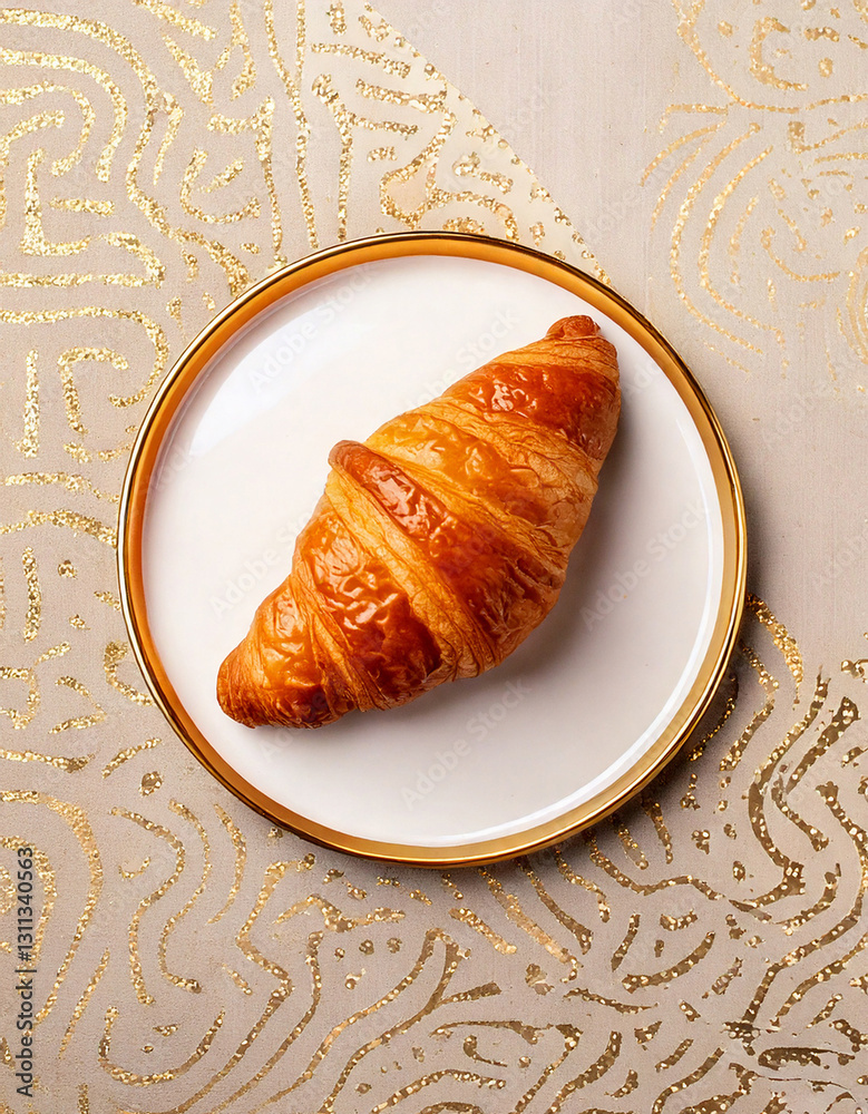 Croissant on plate top view fresh pastry social media style