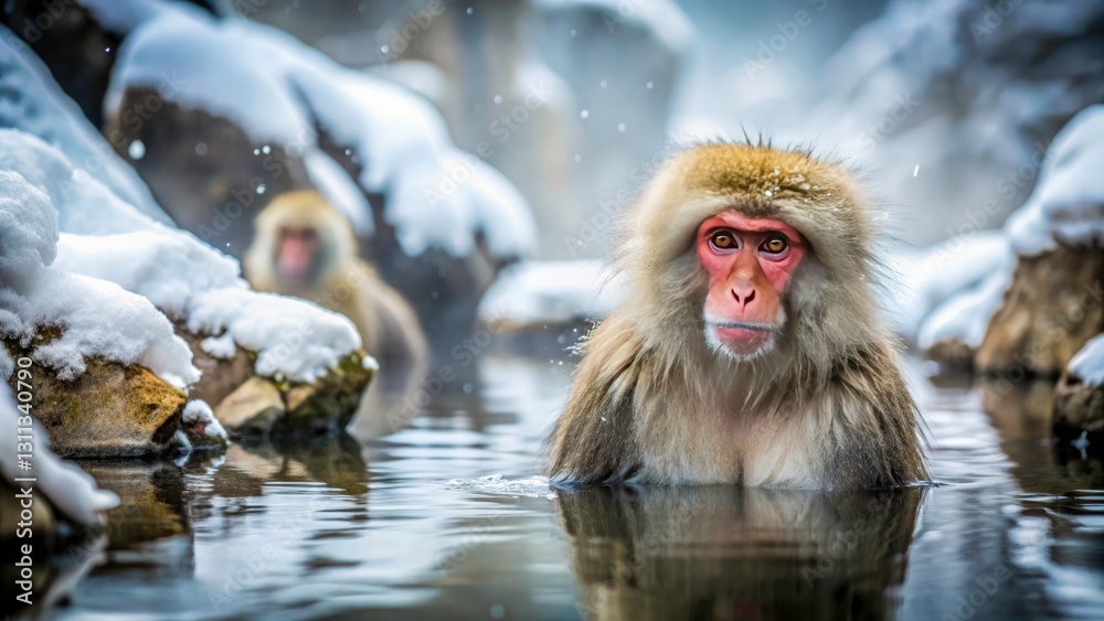 Naklejka premium Snow Monkey Hot Springs Japan - Minimalist Winter Wildlife Photography