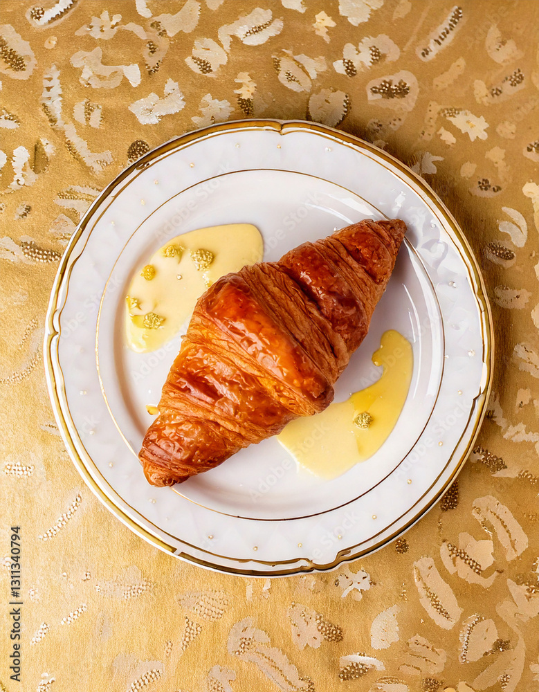 Croissant on plate top view fresh pastry social media style