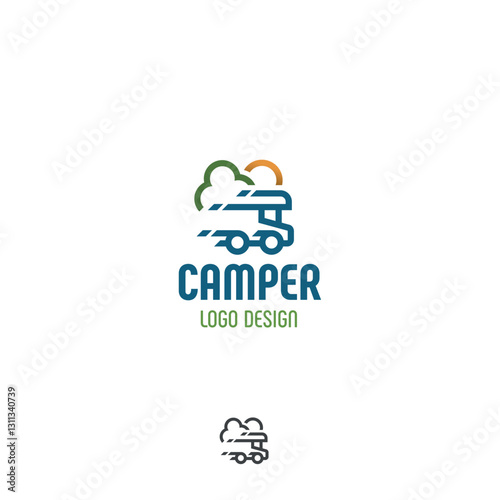 Camper House on wheels travel vector logo
