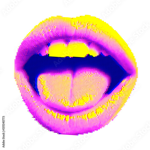 Open mouth with halftone pop art effect. An AI image was used as the basis.