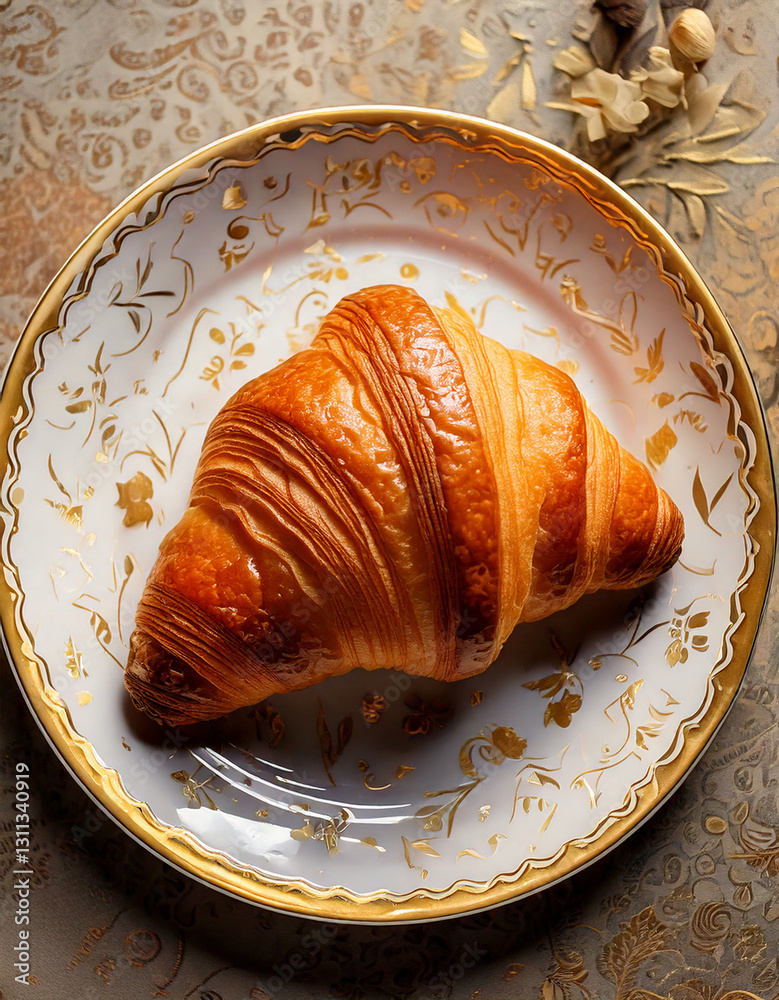 Croissant on plate top view fresh pastry social media style