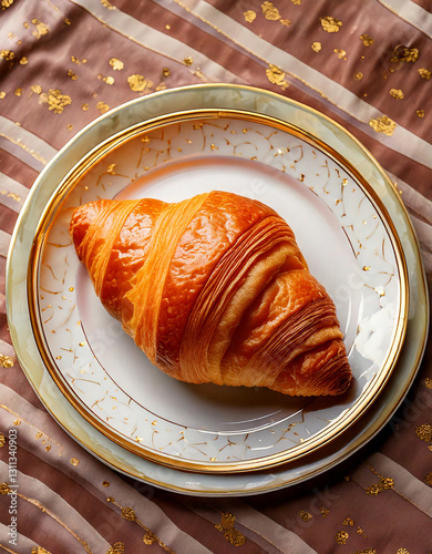 Obraz na płótnie Croissant on plate top view fresh pastry social media style w salonie