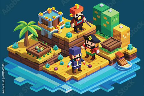 A vibrant illustration featuring pirates exploring a tropical island in search of hidden treasure, Pirates Customizable Isometric Illustration
