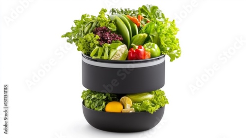 Fresh Organic Vegetables in Modern Circular Storage Containers on White Background. Generative AI photo