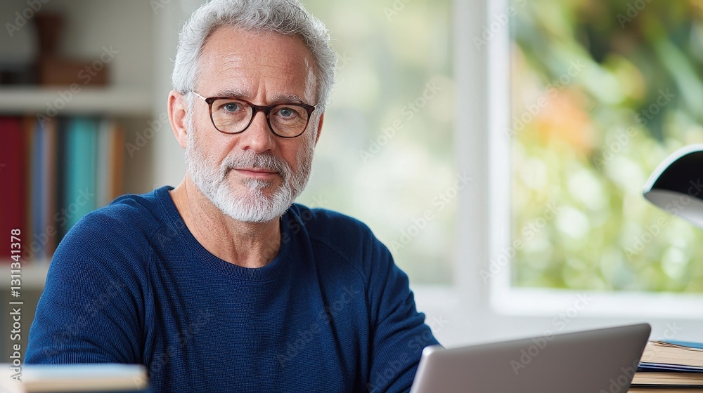 Senior adult engaging in online class at home workspace Senior adult engaging in online class at home workspace