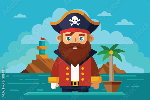 A bold pirate figure with a hat and beard poses on a tropical beach, surrounded by palm trees and hills, Pirates Customizable Semi Flat Illustration