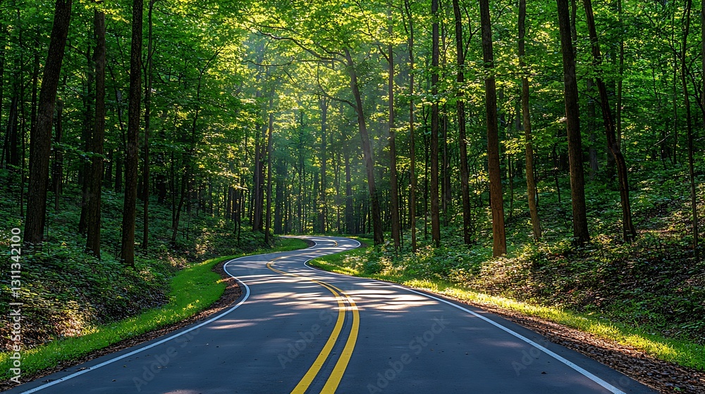 Obraz premium Winding road through sunny forest