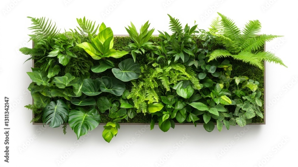 Obraz premium A vibrant biophilic green wall panel with assorted plants and ferns isolated on white background. Generative AI