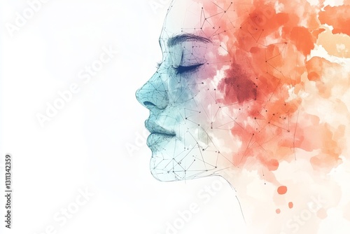 A woman's face is drawn in a watercolor style with a blue and red background