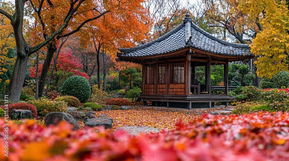 Serene Autumn Landscape with Traditional Pavilion in Japanese Garden Serene Autumn Landscape with Traditional Pavilion in Japanese Garden