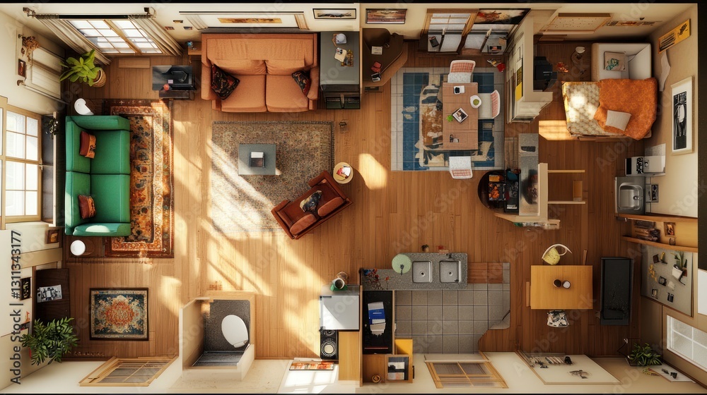 Overhead view of a cozy, furnished apartment with living room, kitchen, and bedroom areas. Overhead view of a cozy, furnished apartment with living room, kitchen, and bedroom areas.