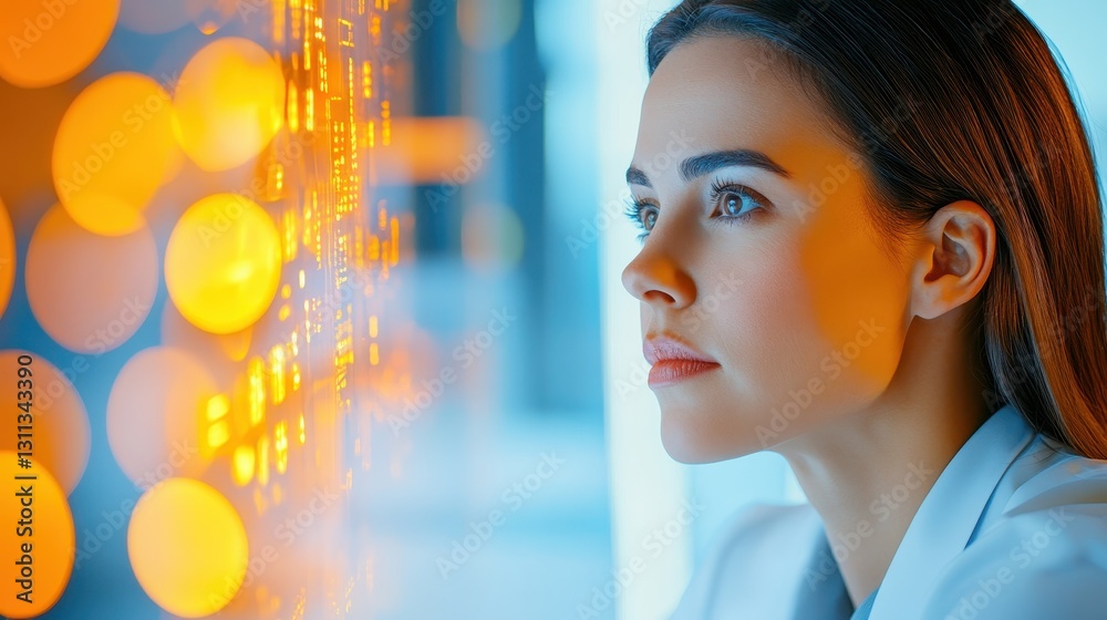Fototapeta premium Focused Woman Analyzing Glowing Digital Data Display
