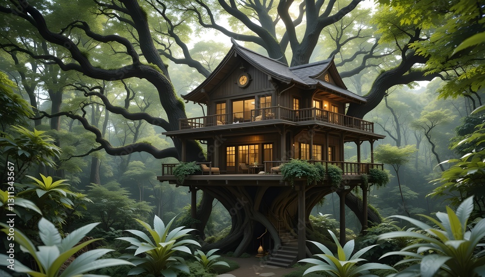 Rustic Wooden Treehouse in a Serene Green Forest Setting at Sunset Rustic Wooden Treehouse in a Serene Green Forest Setting at Sunset